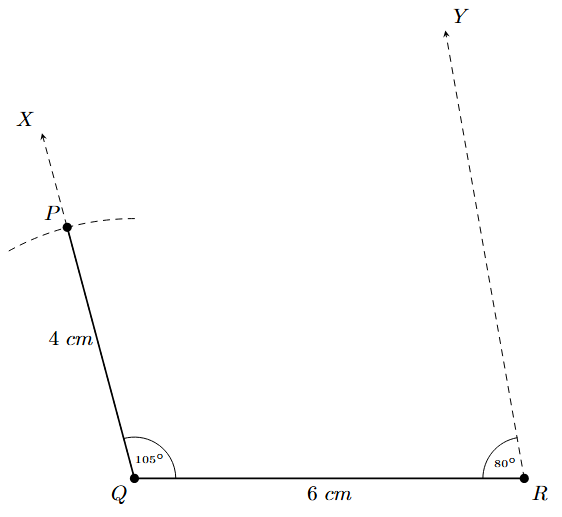 Step 4: A ray RY is drawn at an angle of 80 degrees to QR.